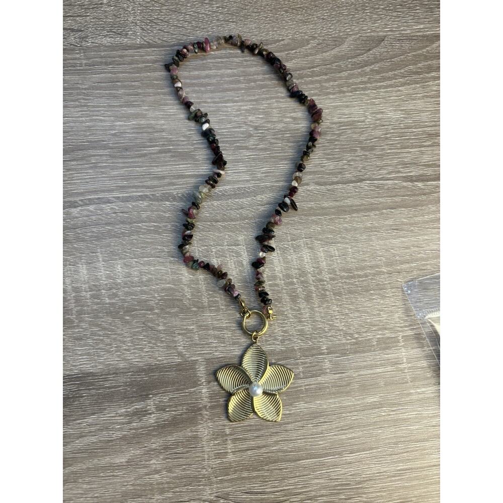 Multicolor Crystal & Pearl Beaded Necklace, Gold Tone Flower Charm Pendant - Picture 2 of 2
